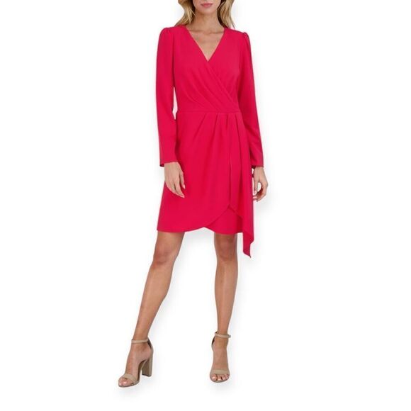 JULIA JORDAN Pleated Faux-Wrap Long-Sleeve Dress in Cherry Size 4 - Picture 1 of 17